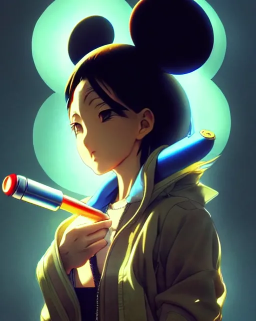 Image similar to portrait Anime Mickey Mouse smoking Sharp fine face, pretty face, realistic shaded Perfect face, fine details. Anime. cyberpunk realistic shaded lighting by katsuhiro otomo ghost-in-the-shell, magali villeneuve, artgerm, rutkowski Jeremy Lipkin and Giuseppe Dangelico Pino and Michael Garmash and Rob Rey