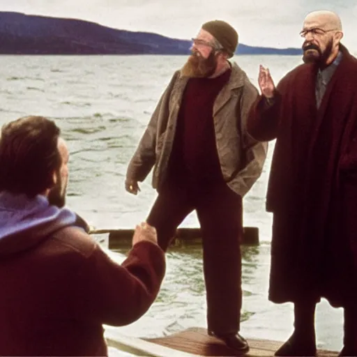 Prompt: walter white and jesus christ playing titanic