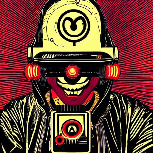 Prompt: Illustrated by Shepard Fairey and H.R. Geiger | Cyberpunk Clown Vampire with VR helmet, surrounded by cables