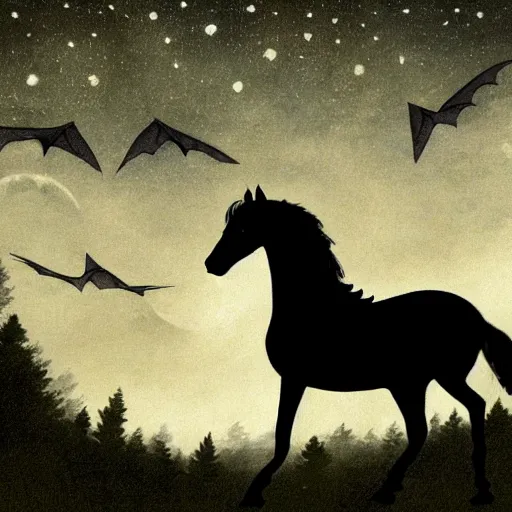 Image similar to photo of a black horse with wings of a a bat flies in the light of the full moon in the forest, high detail