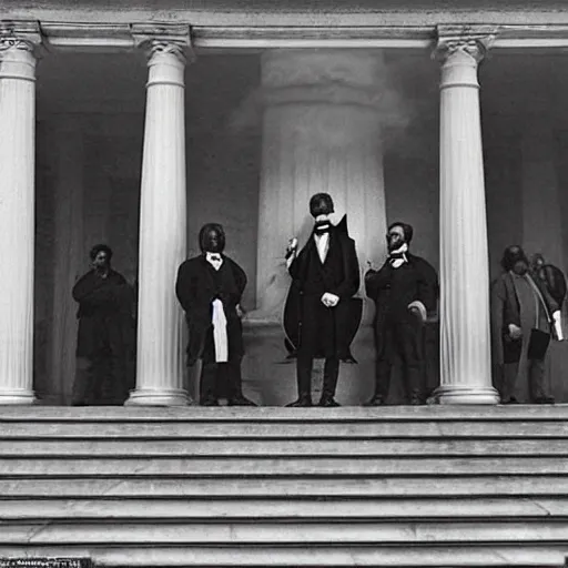 Prompt: napoleon, karl marx and abraham lincoln put their hands on a glowing orb