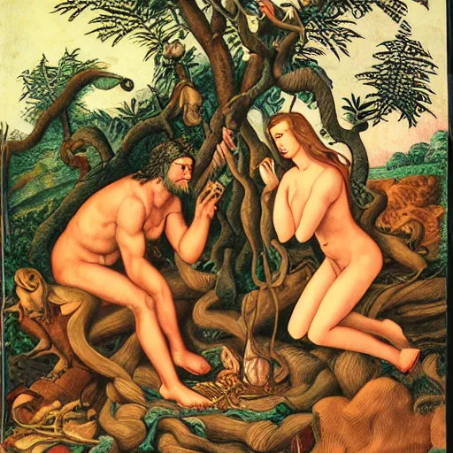 Prompt: adam and eve siting in the garden of eden rosting a snake over a campfire ultrarealistic 1 5 0 mpx