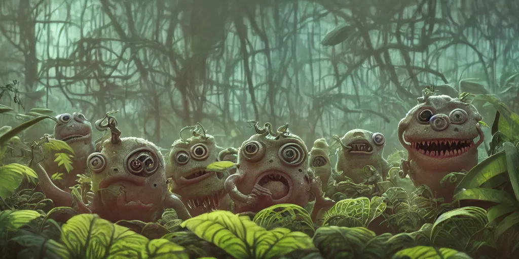 Prompt: of an intricate murky jungle with strange cute friendly laughing creatures with huge eyes, long tongue, square teeth and funny face appearing from the foliage, in the style of shaun tan, macro lens, shallow depth of field, highly detailed, digital painting, trending artstation, concept art, illustration, cinematic lighting, vibrant colors, photorealism, epic, octane render