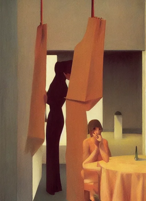 Image similar to women in paper bag over the head and a sward at catwalk restaurant Edward Hopper and James Gilleard, Zdzislaw Beksinski, highly detailed