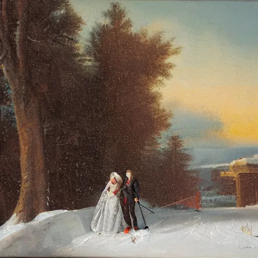 Image similar to happy couple skiing, snowfall, rococo