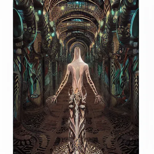 Image similar to portrait of tall, long-necked lipless mutant woman covered with elaborately patterned brown and white scales wearing gauze toga and standing in cyberpunk art deco mosque, alien bestiary by Barlowe, Greg Rutkowski, and Yoshitaka Amano