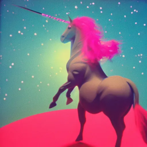 Image similar to andy warhol riding a pink unicorn in space, cinestill 8 0 0 t, award winning photograph