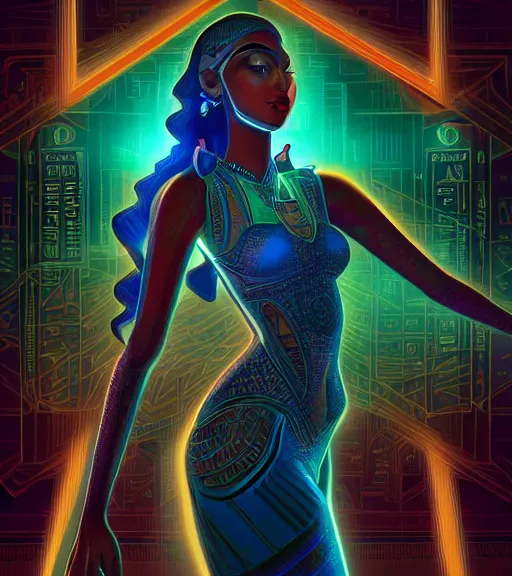 Image similar to symmetry!! egyptian princess of technology, solid cube of light, hard edges, product render retro - futuristic poster scifi, lasers and neon circuits, beautiful brown skin woman egyptian princess, intricate, elegant, highly detailed, digital painting, artstation, concept art, smooth, sharp focus, illustration, dreamlike, art by artgerm