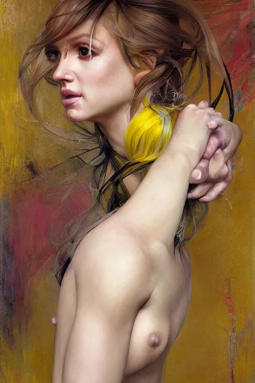 Prompt: hyper realistic painting portrait of a surprised britney spears, ling entangled hair, blur and yellow color scheme by stjepan sejic, norman rockwell, michael hussar, roberto ferri and ruan jia, john william waterhouse, godward, david kassan