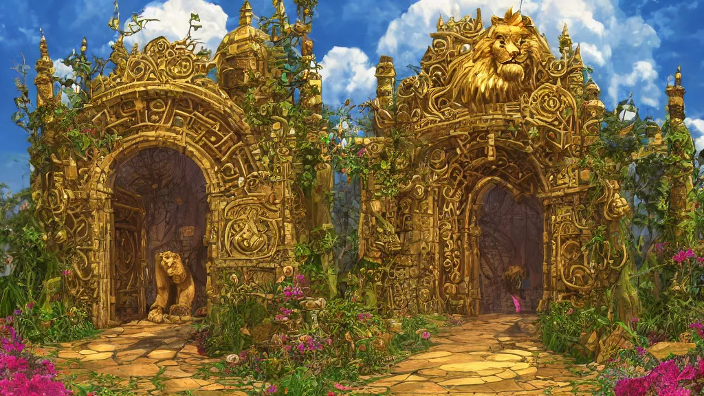 Prompt: A giant medieval fantasy gate with an gold carved lion face at the center, vines, thorns, roses, flowers, vivid vegetation, pastel color tones, clear clean, Ilya kushinov, by Makoto Shinkai, Studio Ghibli, Miyazaki, Kyoto Animation, digital 2D, painterly style, gouache illustration, high contrast, cute, kawaii, golden ratio, rule of thirds