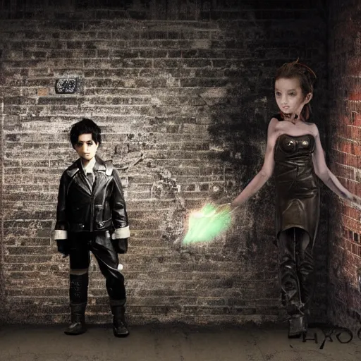 Image similar to a boy victim being intimidated by a succubus in a leather suit, devi wings, cracked brick wall, long hallway, light at the end of the tunnel, volumetric lighting, concept art, fantasy, dramatic lighting, daz, by mark ryden, hayao miyazaki