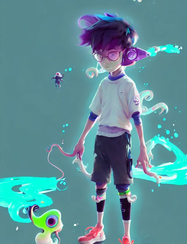 Image similar to a beautiful portrait of a cute splatoon anime boy wearing sport clothing and leggings under shorts barefoot. character design by cory loftis, fenghua zhong, ryohei hase, ismail inceoglu and ruan jia. artstation, volumetric light, detailed, photorealistic, fantasy, rendered in octane
