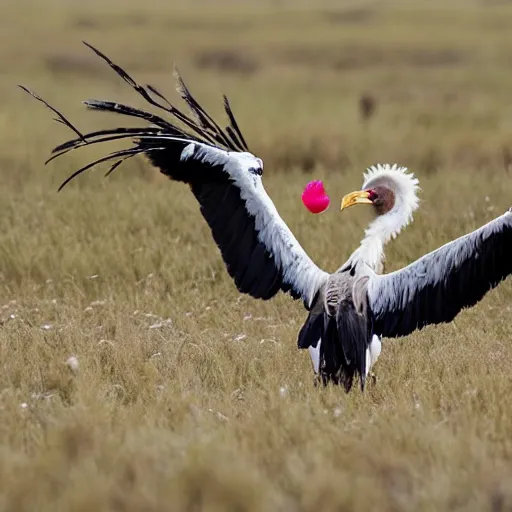 Prompt: secretary bird fighting an ostrich, in a cotton candy field