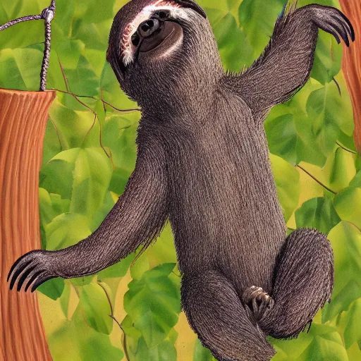 Image similar to digital painting of an energetic young sloth with big eyes swinging on a vine