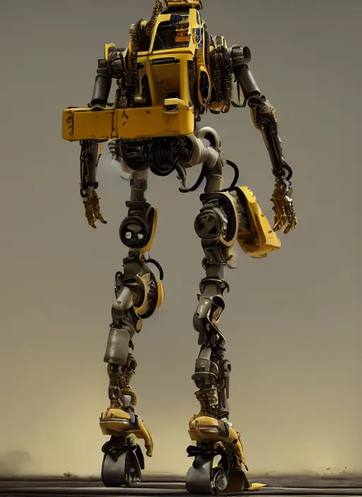 Image similar to a photorealistic dramatic hyperrealistic render of a futuristic exosuit power loader heavy machinery, ultra realistic details, glossy yellow, well worn, rust, oil stains by vitaly bulgarov and mike nash, beautiful dramatic dark moody tones and lighting, cinematic atmosphere, studio lighting, global illumination, shadows, dark background, octane render, 8 k