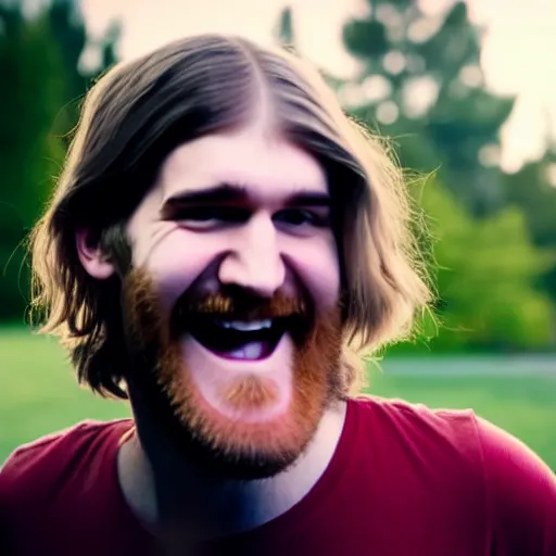 Prompt: bearded long - haired bo burnham outside of his house, smiling and dancing, ultra - realistic, 8 k