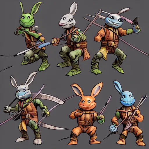 Image similar to teenage mutant ninja rabbits, artstation.