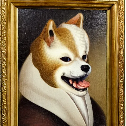 Prompt: Dutch oil painting from the 1600s, Shiba Inu smiling