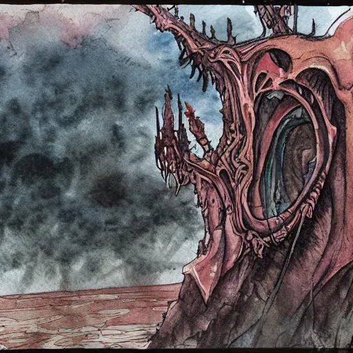 Prompt: vecna, demonic alien hellscape in the background, atmospheric, ominous, 8 k, watercolor and ink, museum quality