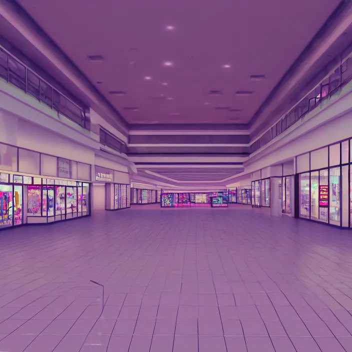 Image similar to vaporwave 8 0 s dreamy empty empty shopping mall, highly detailed, 3 d render, vray, octane, realistic lighting, photorealistic