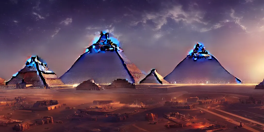 Image similar to a beautiful view of a spaceport at the pyramids, matte painting, cinematic lighting, hyper - detailed, 4 k, scifi