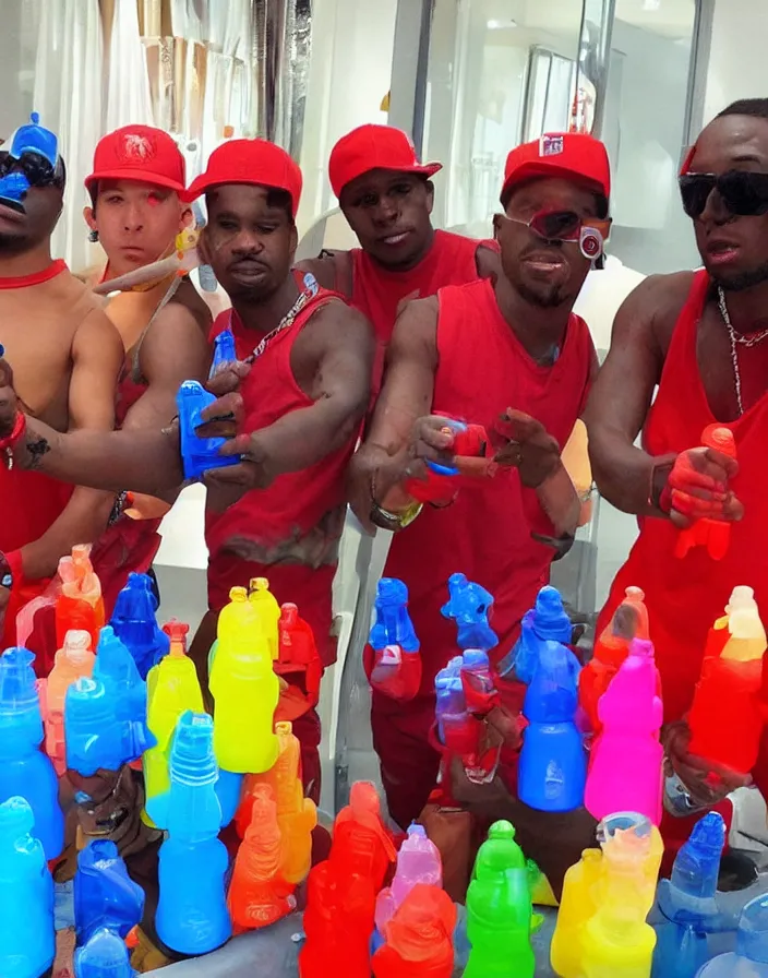 Image similar to bloods gang members showing off their plastic colorful water guns, bad quality, phone photo, leaked photo, paparazzi photo, realistic, 720p