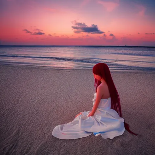 Prompt: An anime girl with long red hair in a white silky dress sitting in the sand on a beach at sunset