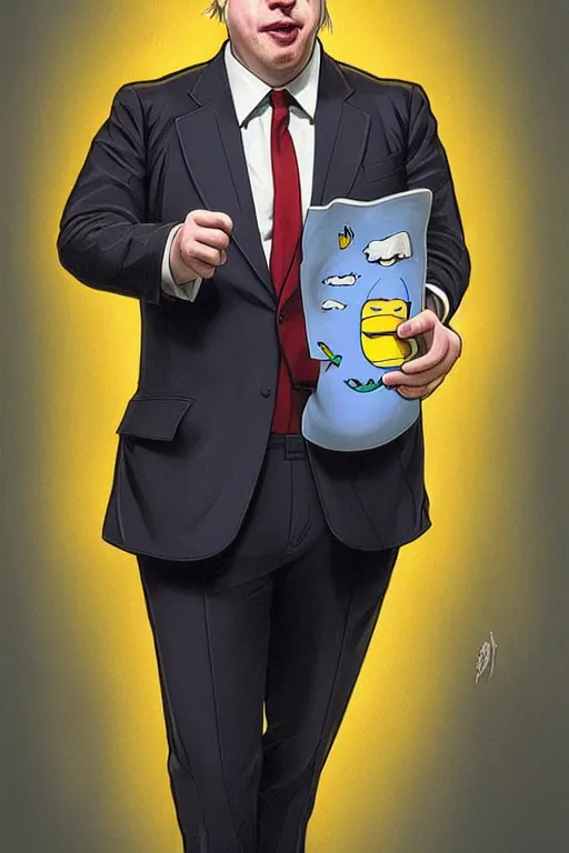 Prompt: Boris Johnson as a Simpsons character, 2d portrait, symmetrical, highly detailed, digital painting, artstation, concept art, smooth, sharp focus, illustration, cinematic lighting, art by artgerm and greg rutkowski and alphonse mucha
