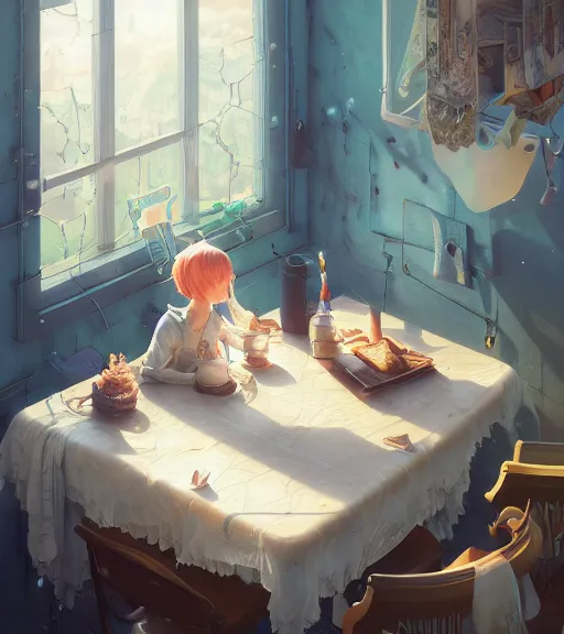 Image similar to highly detailed spilled milk on the table, stephen bliss, unreal engine, loish, rhads, ferdinand knab, makoto shinkai and lois van baarle, ilya kuvshinov, rossdraws, tom bagshaw, reflective global illumination, god rays, detailed and intricate environment