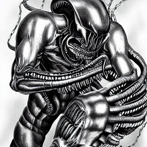 Image similar to Xenomorph by Kentaro Miura, highly detailed, black and white