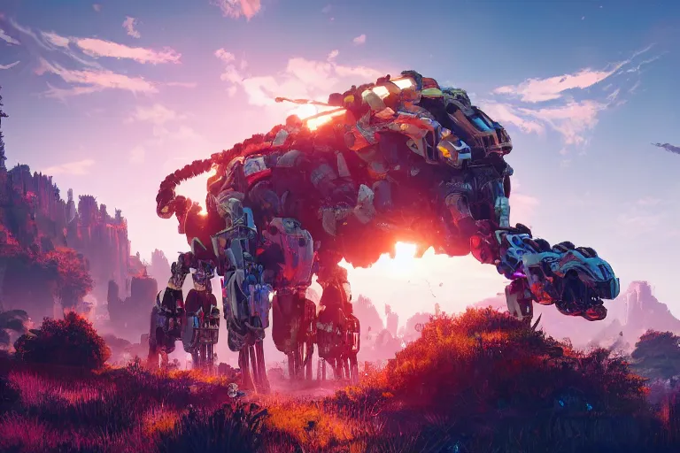 Image similar to snapmaw machine mecanical creature robot of horizon forbidden west horizon zero dawn radiating a glowing aura global illumination ray tracing hdr fanart arstation by ian pesty and alena aenami artworks in 4 k