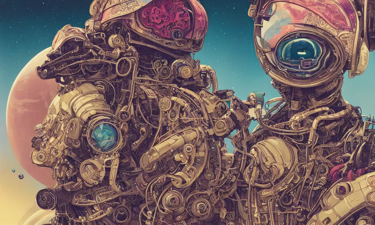 Image similar to high quality high detail biomechanical portrait of a spaceman diesel punk in an alien world, tristan eaton, victo ngai, artgerm, rhads, ross draws, hyperrealism, intricate detailed, alphonse mucha, 8 k, sci - fi, pastel colors, artstation,