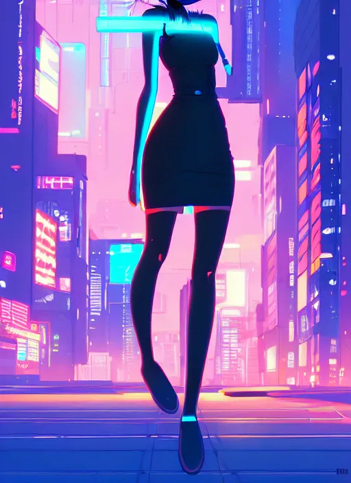 Image similar to digital illustration of cyberpunk pretty girl with blue hair, wearing a tight black dress, full body pose, in city street at night, by makoto shinkai, ilya kuvshinov, lois van baarle, rossdraws, basquiat