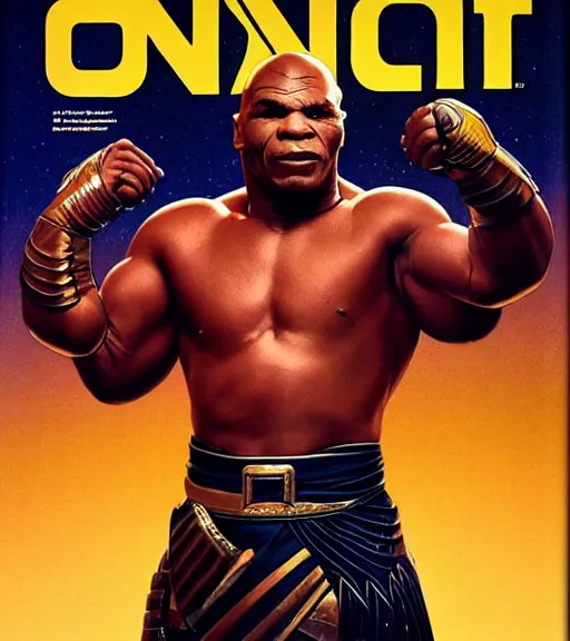 Prompt: a fantasy mike tyson wearing plate armor, 1 9 7 9 omni magazine cover, style by vincent di fate, artgerm, very coherent, detailed, 4 k resolution, dark, unreal engine, daz