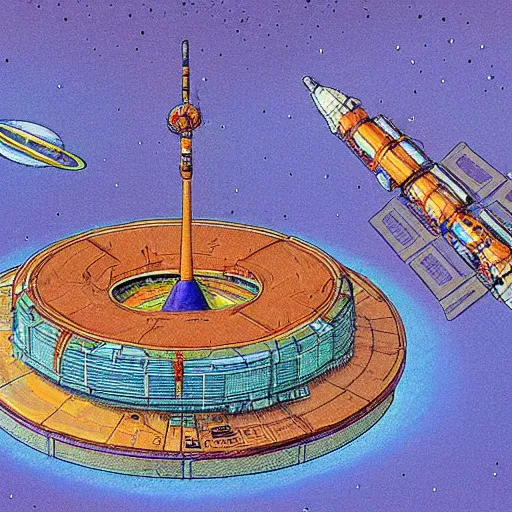 Prompt: space station in the style of Jean Giraud Moebius