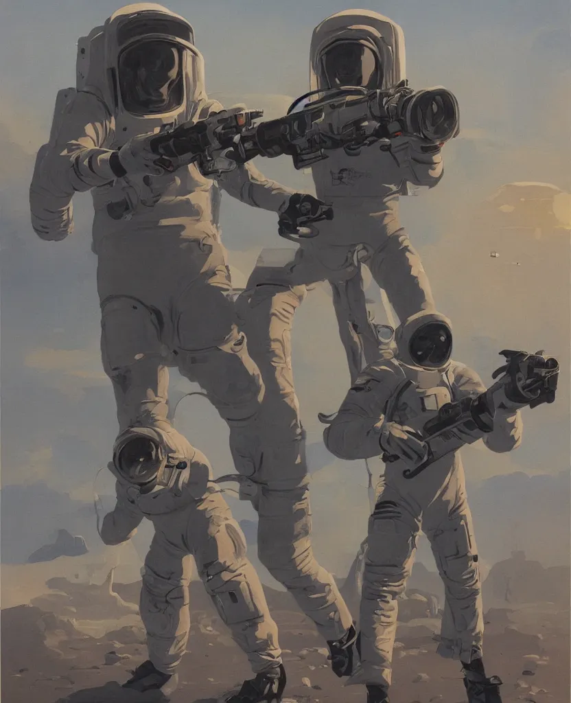 Prompt: a painting of a man in a space suit holding a gun, concept art by dean ellis, behance contest winner, retrofuturism, sci - fi, toonami, future tech