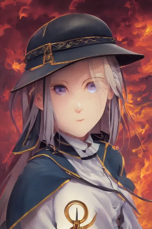 Image similar to baroque oil painting character ln illustration concept art lotr anime key visual, young female nazi maid bikini, long flowing blonde hair blue eyes, symmetrical perfect face fine detail delicate features quiet gaze, full black military uniform, gapmoe kuudere bokeh, trending pixiv fanbox, hell, fire, by greg rutkowski makoto shinkai takashi takeuchi studio ghibli