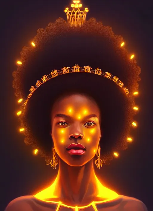 Image similar to portrait of young black woman with glowing crown, afro - futurist style, intricate, elegant, glowing lights, highly detailed, digital painting, artstation, concept art, smooth, sharp focus, illustration, art by wlop, mars ravelo and greg rutkowski