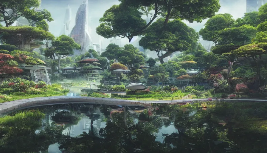 Prompt: futuristic city with a pond, beautiful ancient trees, hiding large treasure chest, serene evening atmosphere, soft lens, soft light, cel - shading, animation, in the style of cgsociety, deviantart, artstation, zbrush, cinema 4 d, studio ghibli, akihiko yoshida, atelier lulua, masamune shirow