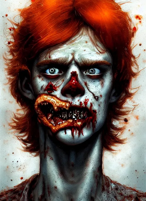 Image similar to portrait of zombie teenage archie andrews, red hair, curly hair, curly middle part, freckles, photorealistic, zombie, rotting skin, blind eyes, white eyes, zombie, intricate, elegant, orange, glowing lights, highly detailed, digital painting, artstation, concept art, sharp focus, illustration, art by wlop, mars ravelo and greg rutkowski