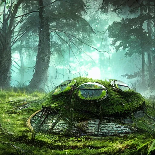 Image similar to abandoned UFO surface covered with vegetation,artstation