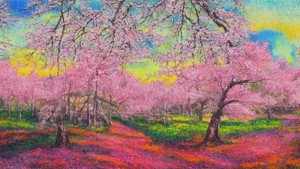 Image similar to an artwork of a landscape of a sakura forest, multicolored