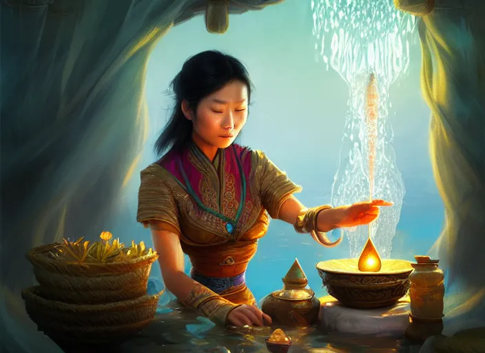 Prompt: full portrait of asian mage merchant doing water magic at her tent. intricate, elegant, highly detailed, digital painting, artstation, concept art, smooth, sharp focus, illustration, by justin gerard and artgerm, 8 k