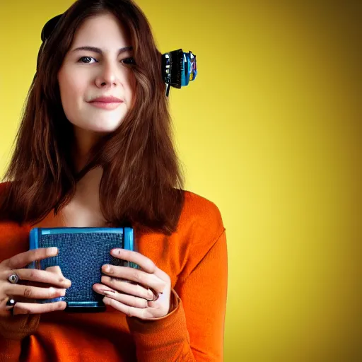 Image similar to realistic portrait of a woman with brown hair, blue jeans and orange tshirt, headset, synthesizer, computer, steampunk, vivid colors