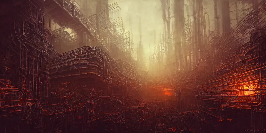 Prompt: futuristic dystopian endless, intricate, complex, labyrinthine, byzantine, tangled, industrial complex, smokestacks, pipelines and ducts and vents, landscape painting, steampunk, smoke, night, gloomy, dark, dramatic, cinematic, volumetric lighting, gods eye view, trending on art station