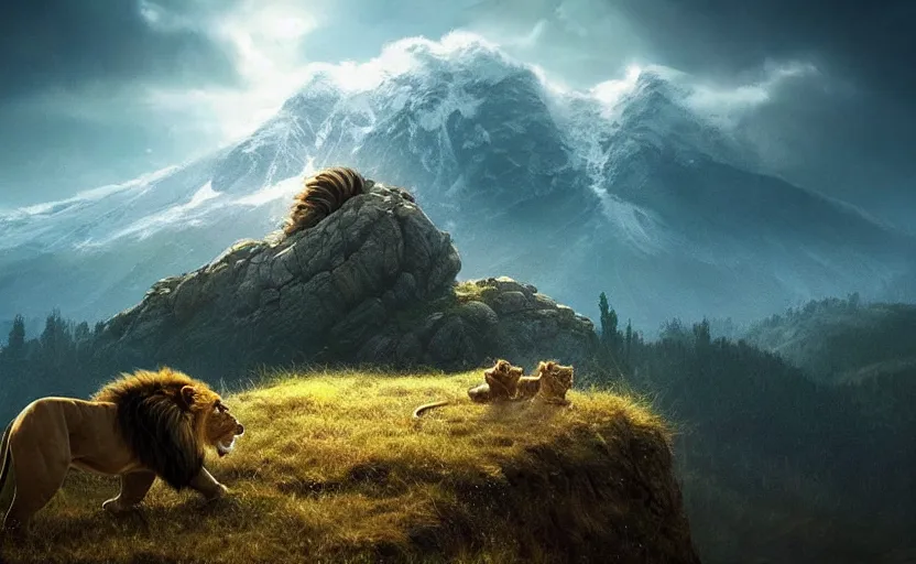 Prompt: a beautiful photo of lion roar on mountain, hyper realistic, natural light, concept art, cozy atmospheric and cinematic lighting