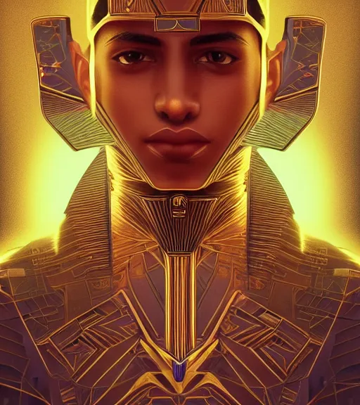 Image similar to symmetry!! egyptian prince of technology, solid cube of light, hard edges, product render retro - futuristic poster scifi, lasers and neon circuits, brown skin man egyptian prince, intricate, elegant, highly detailed, digital painting, artstation, concept art, smooth, sharp focus, illustration, dreamlike, art by artgerm