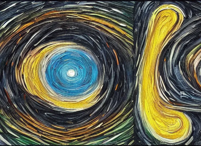 Image similar to painting of a wormhole black hole to another dimension, in the style of vincent van gogh and edward hopper and salvador dali