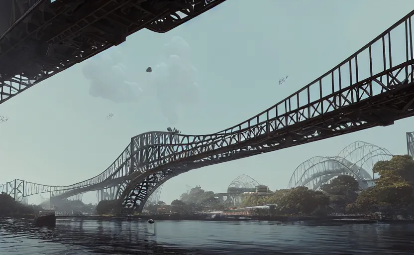 Image similar to a big harbour bridge is destroyed by explosions in the form of white cotton plants, 3 d octane render, epic lighting, 8 k, by goro fujita