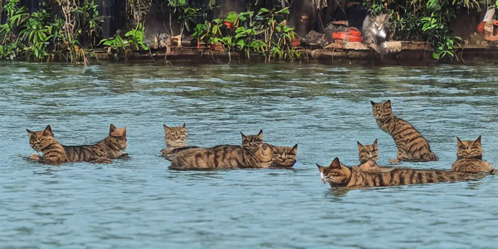 Prompt: cats swimming in the beira lake of colombo sri lanka, in the style of Akira Toriyama